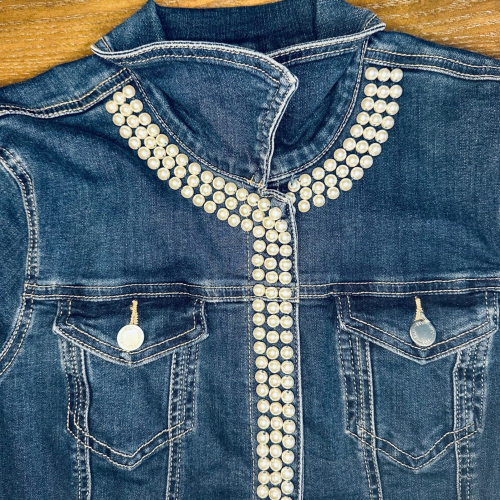 FDJ French Dressing Jeans Women's Denim Jacket‎ Pearl Embellished Blue Medium - Picture 2 of 8